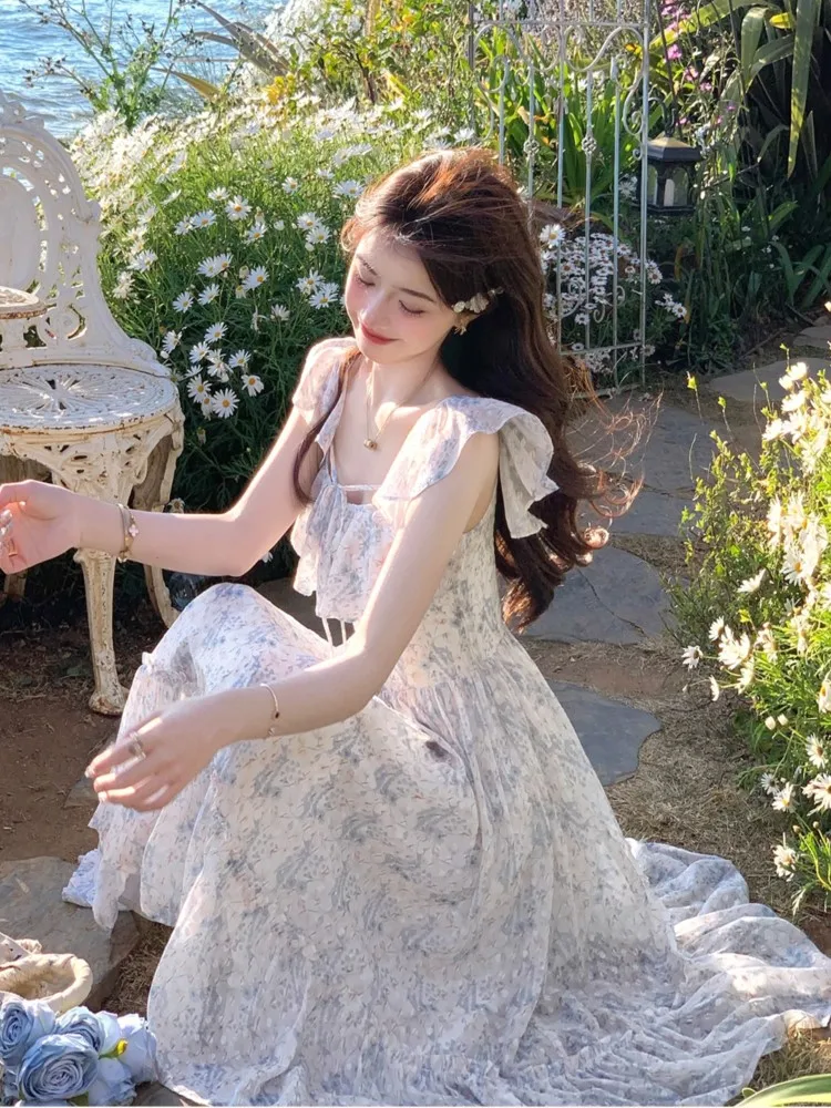 Elegant Princess ชุดสตรีดอกไม้พิมพ์ปิดไหล่ Slash คอ Fairy วันเกิด Party Midi ชุดชายหาด A-Line Vestidos ใหม่