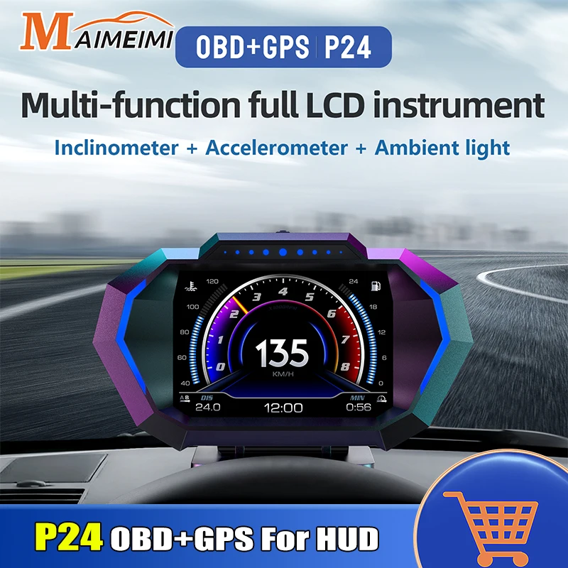 

OBD + GPS For HUD P24 Car OBD Head Up Display On Board Computer Digital Speedometer Water Temp Fuel Consumption Slope Meter