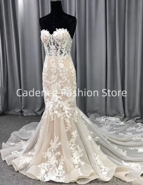 맞춤형 2025 연인 인어 레이스 웨딩 원피스, 레이스 아플리케, 트레일 밑단 신부 가운