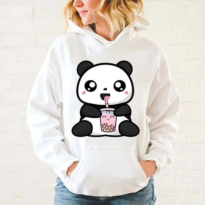 New Fashion Unisex Kawaii Cute Panda Boba Tea Printed Hoodies Men Women Casual Long Sleeve Hoodie Pullovers Teens Outdoor Tops