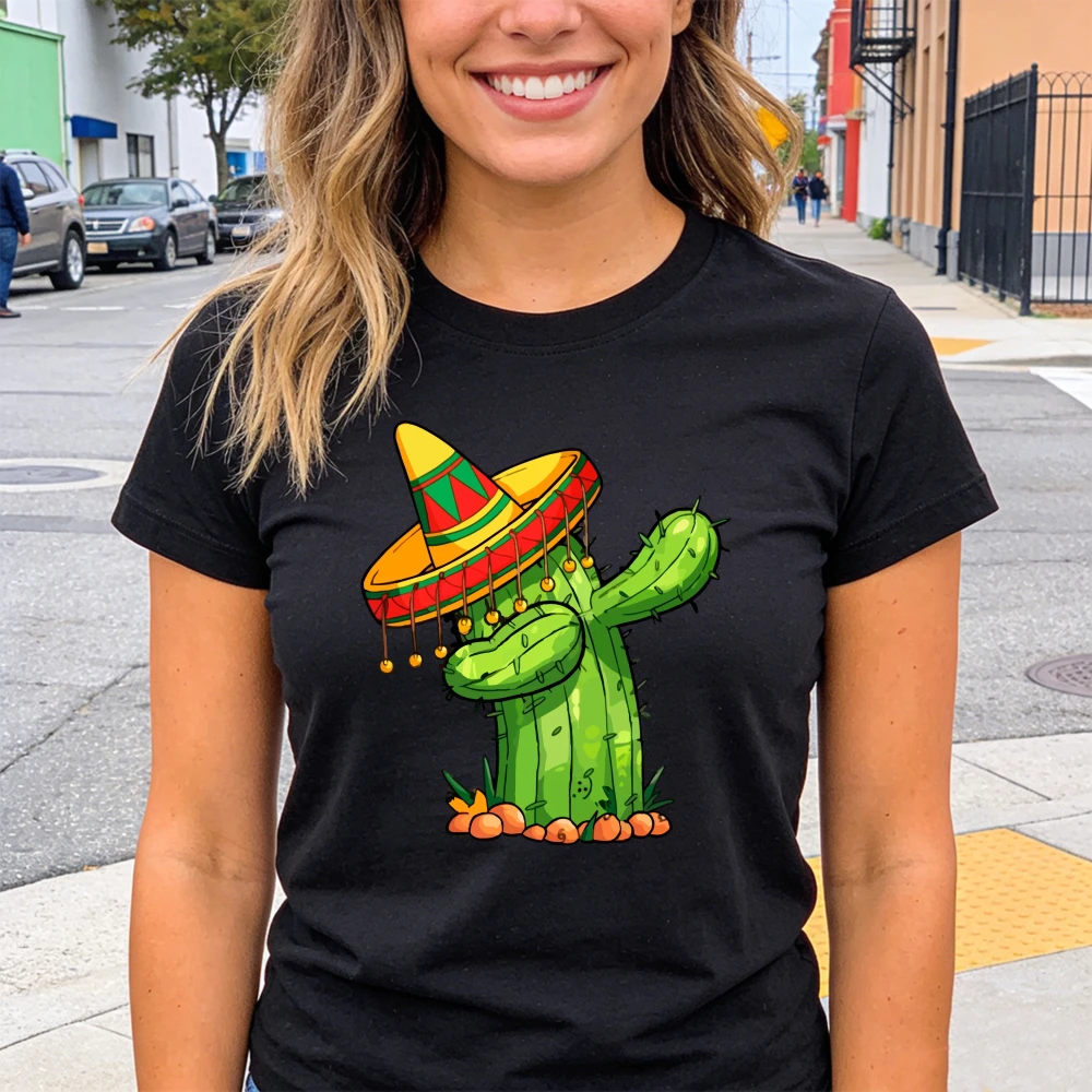 Dab Cactus Shirt Cinco De Mayo Dabbing Cactus Tops Women Round Neck Tees Fiesta Party Wear Funny Mexican Hat Cactus Clothes