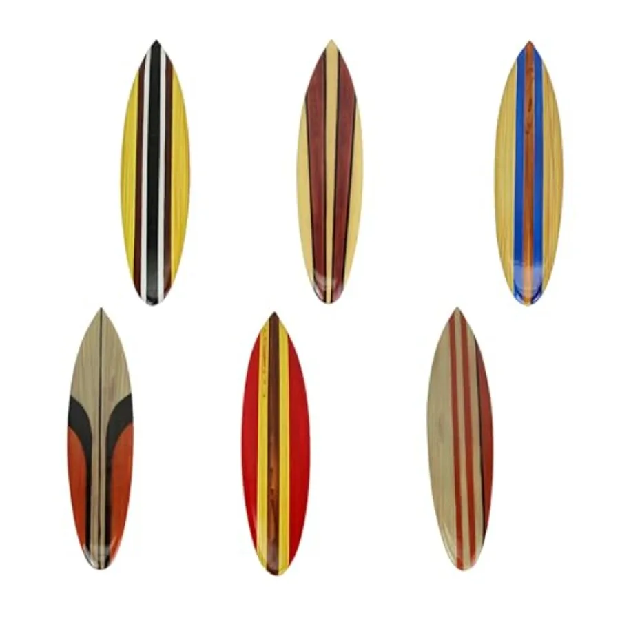 

Beach-themed home decor: handcrafted wood surfboard wall hanging set of 6 red blue and brown racing stripes 16 inches long each