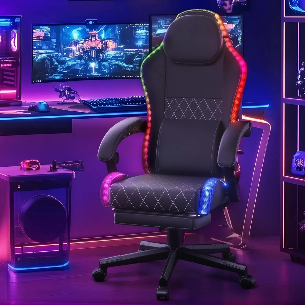 Gaming Chair with RGB Lights, LED Gaming Chair with Footrest for Adults, Ergonomic Gaming Chair with Massage Lumbar Support