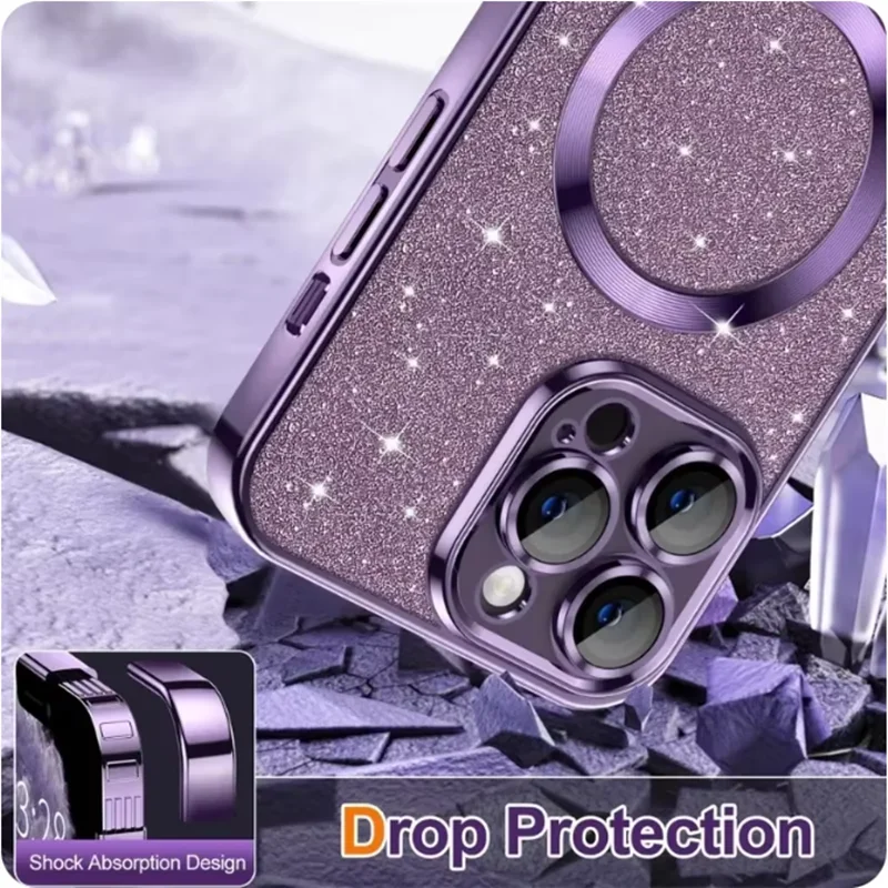 Luxury Electroplate Case for Magsafe For iPhone 16 15 14 Plus 13 12 11 Pro Max Soft Bumper Cover Wireless Charging Glitter Case