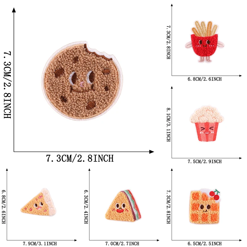 6 Stücke Chenille Lebensmittel Nette Selbstklebende Eisen Auf Patches Für Kleidung Kinder Gestickte Aufkleber Pack Stoffe Jacken Nähen Diy Lot – Detail 2