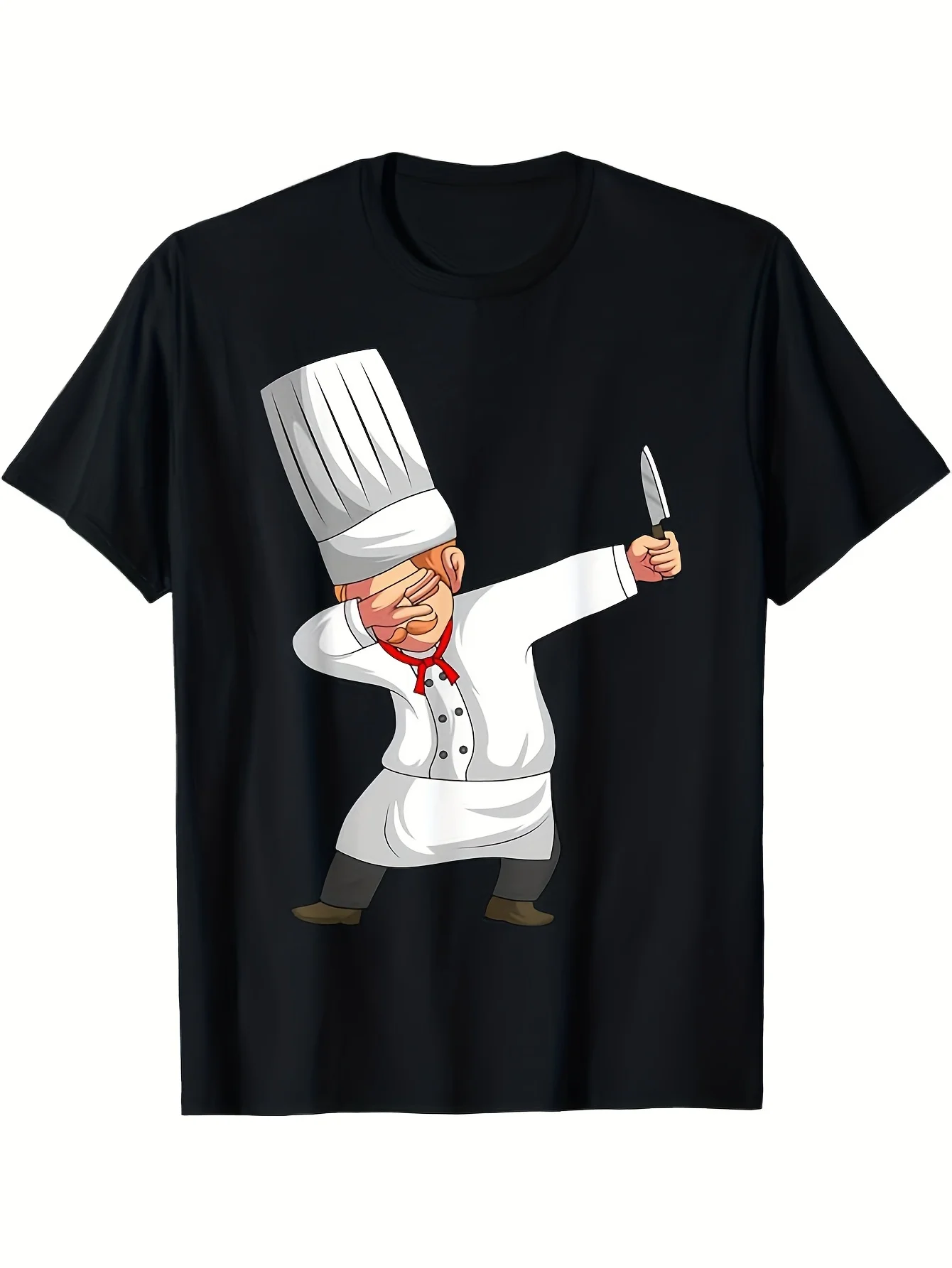 T-shirt graphique de chef en coton noir pour usage quotidien - T-shirt décontracté à col rond et manches courtes avec imprimé de chef dynamique et ludique