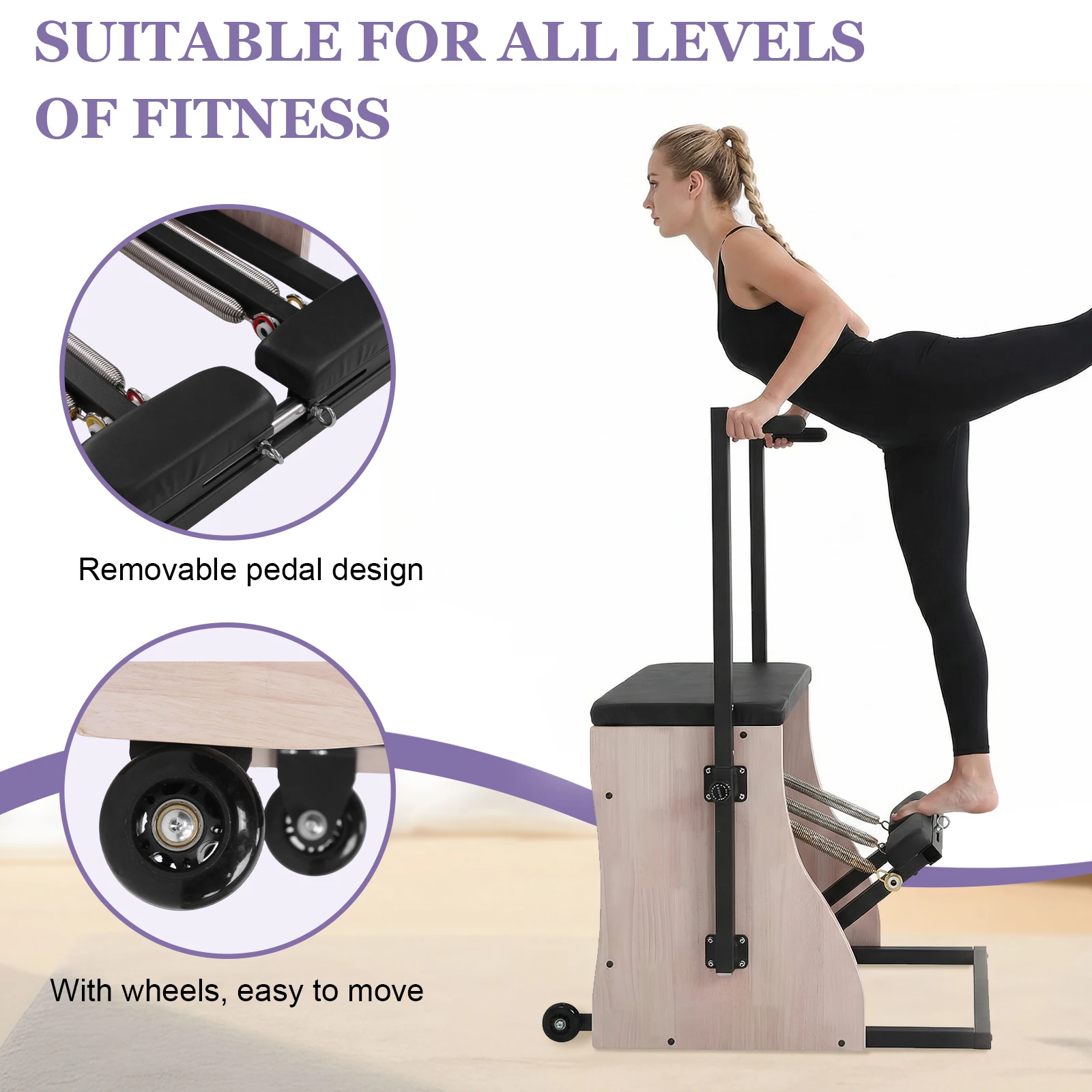 Oak Wood Pilates Chair Reformer Machine with Adjustable Resistance with Springs Split Pedal Handles for Home Use and Studio view 3