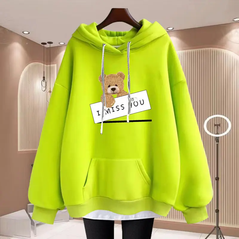 Women Clothing Warm Oversized Cartoon Ptinted Hoodies Winter Simple Solid Loose Casual Sweatshirts Fake Two Pieces Pullovers