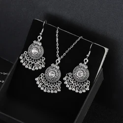 Ethnic White Crystal Beads Tassel Jewelry Set Vintage Silver Plated Flower Pendants Necklaces Earrings for Women Wedding Party