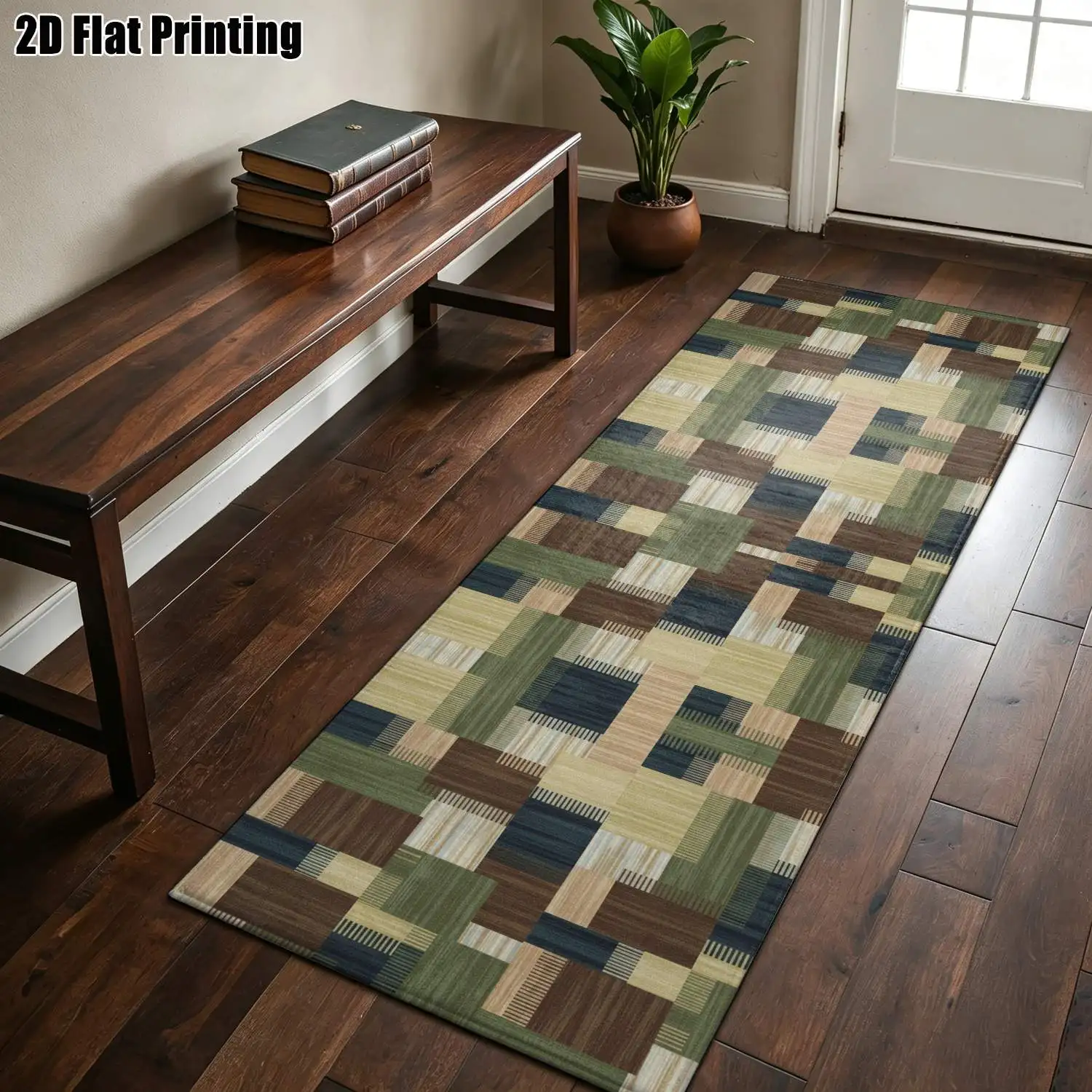 1Pc 2D Printed Strip Runner Rug: Blue-Green-Brown Geometric Patterns, Nordic/Instagram/Modern Minimalist/European Style, Home Decor, Multiple Sizes, Machine Washable, for Hallway, Entrance, Living Room, Bedroom