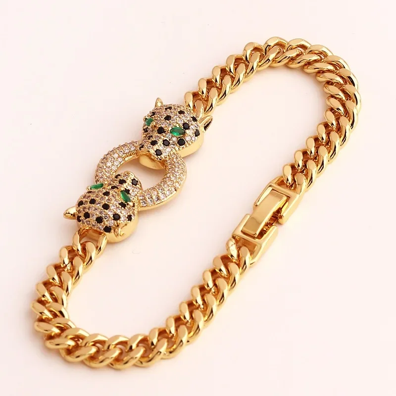 

Hip Hop Crystal Double Leopard Head Charm Bracelet 18k Gold Plated Double Cuban Chain Bracelets Fashion Panther Jewelry