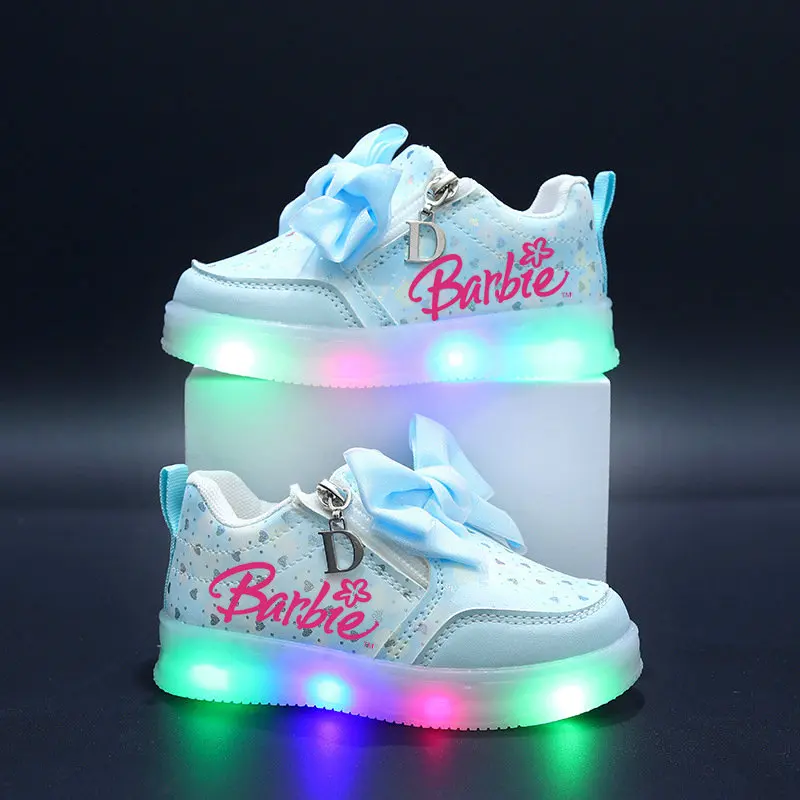 Girls\' Barbie lamp shoes Children\'s luminous shoes high top sneakers Kids casual sports shoes bow cute girls\' princess shoes