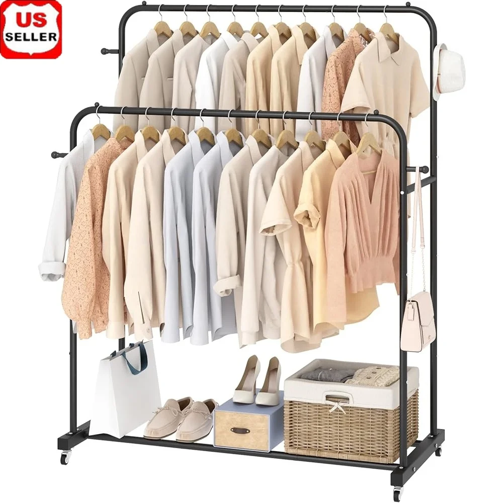 

Double Rods Garment Rack with Wheels Multi-functional Clothing Rack Storage Organizer 4 Hooks Portable Clothes Hanger Black