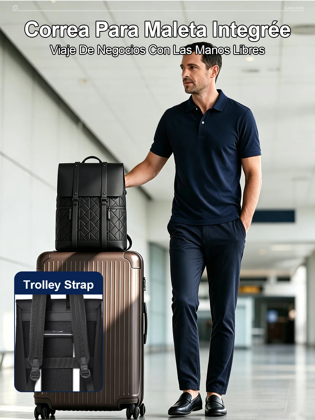 LANGYUN Mochila de Hombre de Cuero PU Impermeable de Alta Calidad, Bolsos para Portátil de 15.6 Pulgadas, Gran Capacidad, Multifuncional