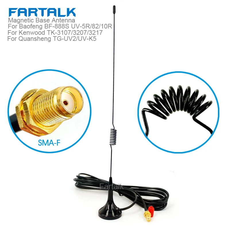 UHF/VHF Car Antenna for Baofeng BF-888S UV-5R/82/10R Kenwood TK-3107/3207/3217 Quansheng Walkie Talkie SMA-Female Magnetic Base