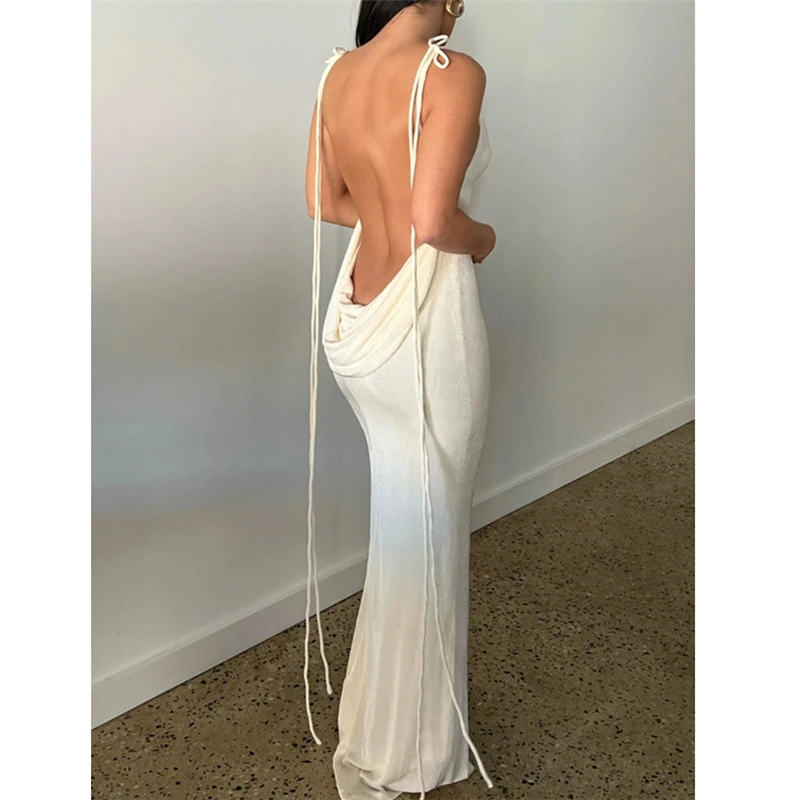 Women Sleeveless Long Bodycon White Maxi Dresses Sexy Elegant Backless Halter Solid Color Cocktail Party Dress Summer Vestidos