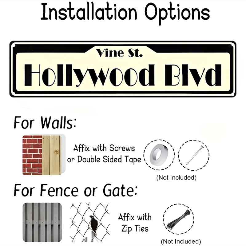 Vintage Hollywood Street Sign - Rustic Vine St Hollywood Blvd Metal Plaque for Bar, Theater, Game Room - Retro Wall Decor