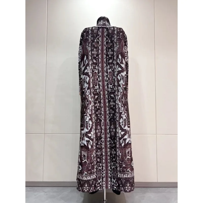 YUDX Miyake Pleated Turndown Collar Long Sleeve Vintage Printed Dress Women 2024 New Dubai Designer Original Fashion Loose Coats