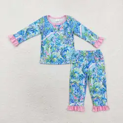 RTS Baby Girls Toddler Wholesale Blue Flowers Bamboo Top Long Sleeve Top Kids Pants Holiday Pajamas Clothes Sets