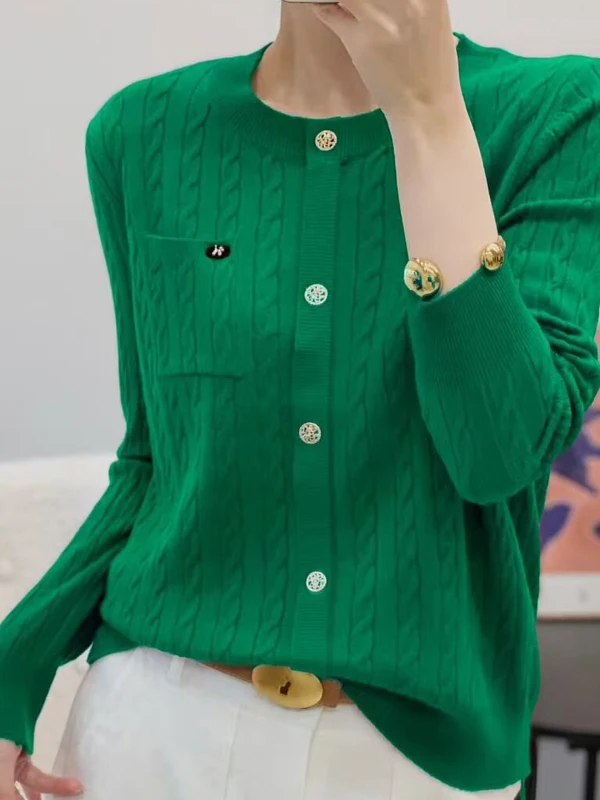 Premium Knitted Twist Sweater Coat Women's round Neck Buttoned Cardigan Versatile Slimming Autumn Top Fashionable Ladies' Kni...