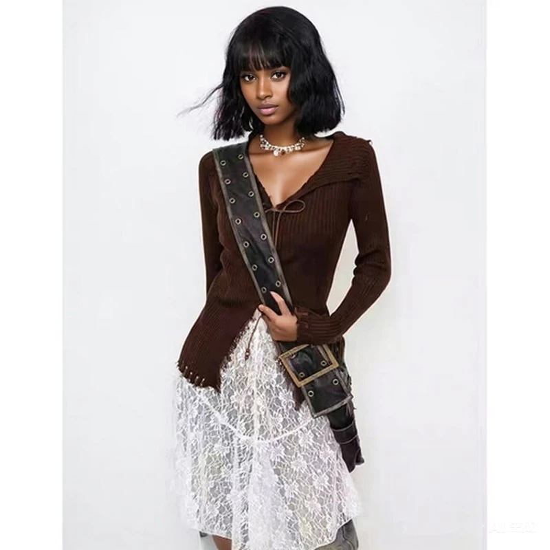 Elegant Women Long Sleeve Pullover Sexy Sweater 2025 Korean Style Slim Fit Knitted Top Lace-up Autumn Solid Knitwear Clothiing