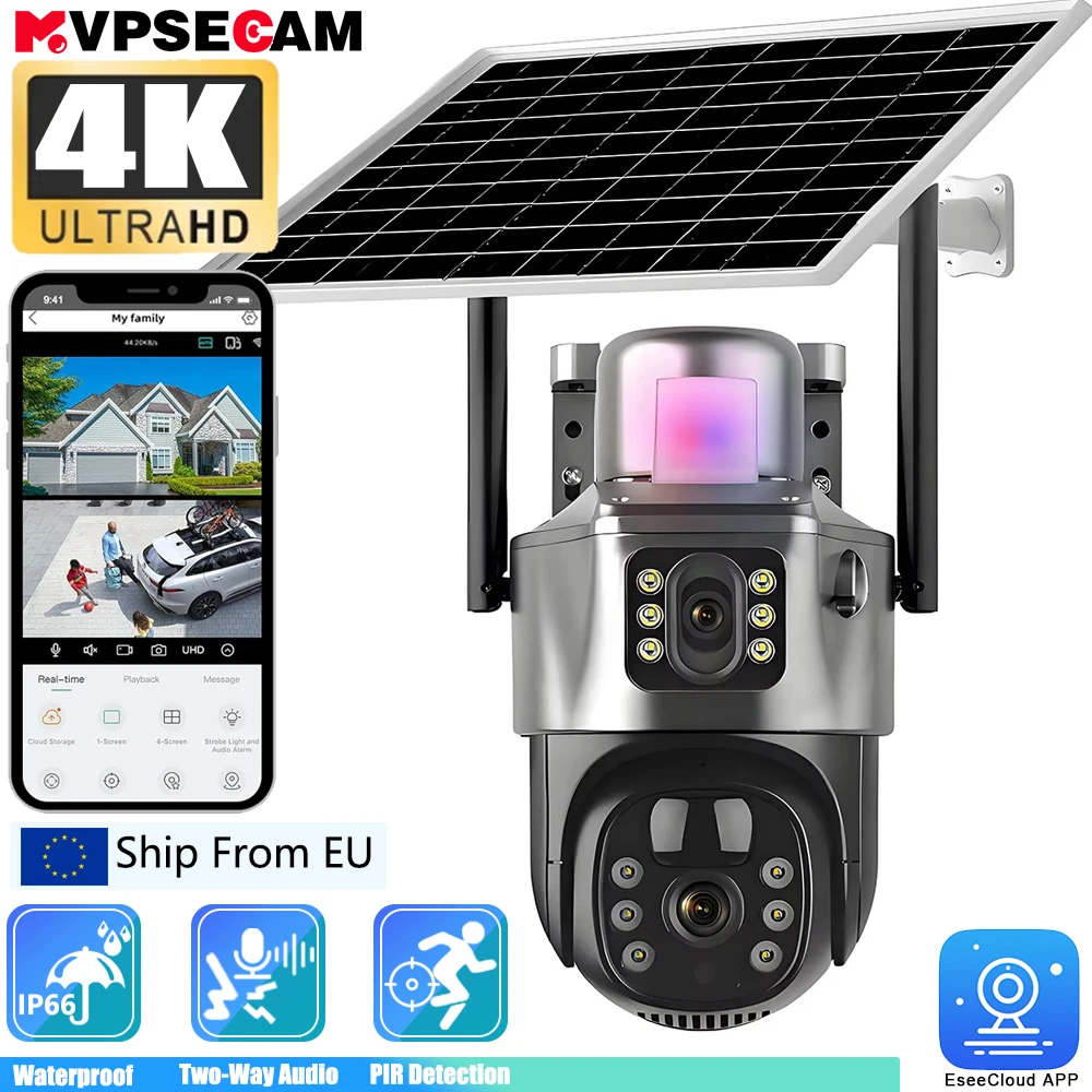 EseeCloud Solar Camera 4K 8MP Dual Lens Wireless WiFi Monitoring Camera PIR Mobile Detection Outdoor Safety Waterproof Camera