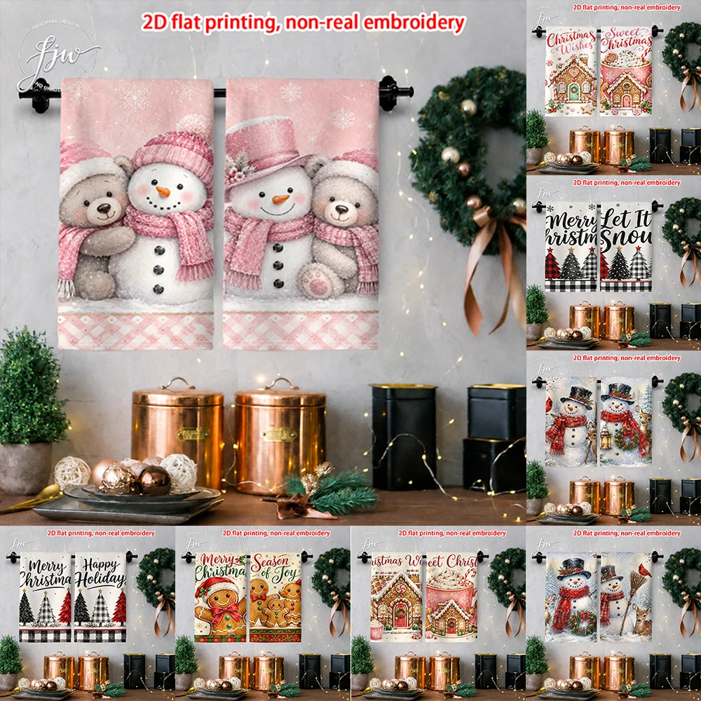 2pcs Christmas Pink Winter Kitchen Towel Set 2PCS Vintage Xmas Snowman Bear Printed Dish Towels for Holiday Home Decor