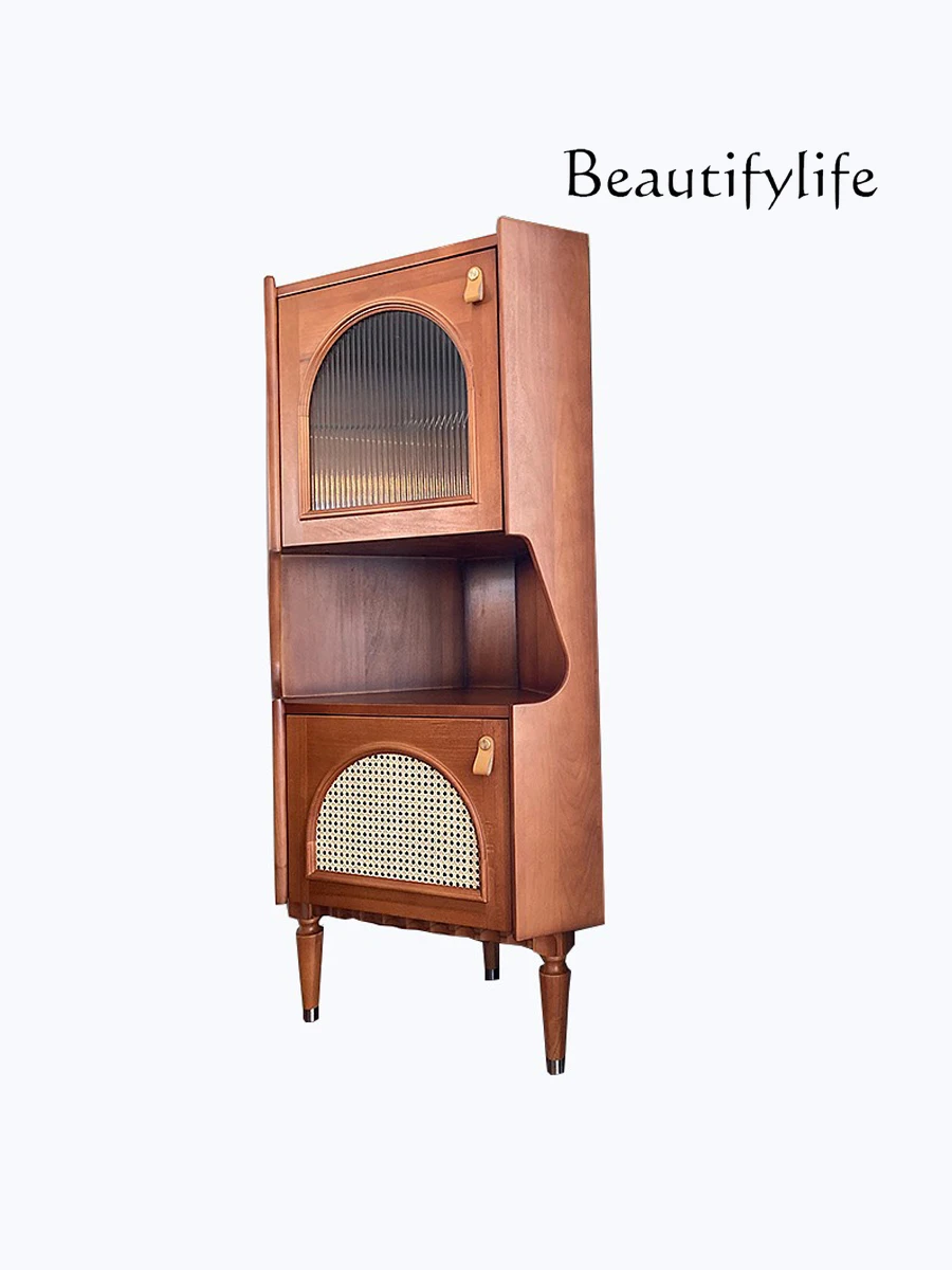 

American retro living room triangular cabinet French rattan glass corner cabinet bedroom shelf antique style