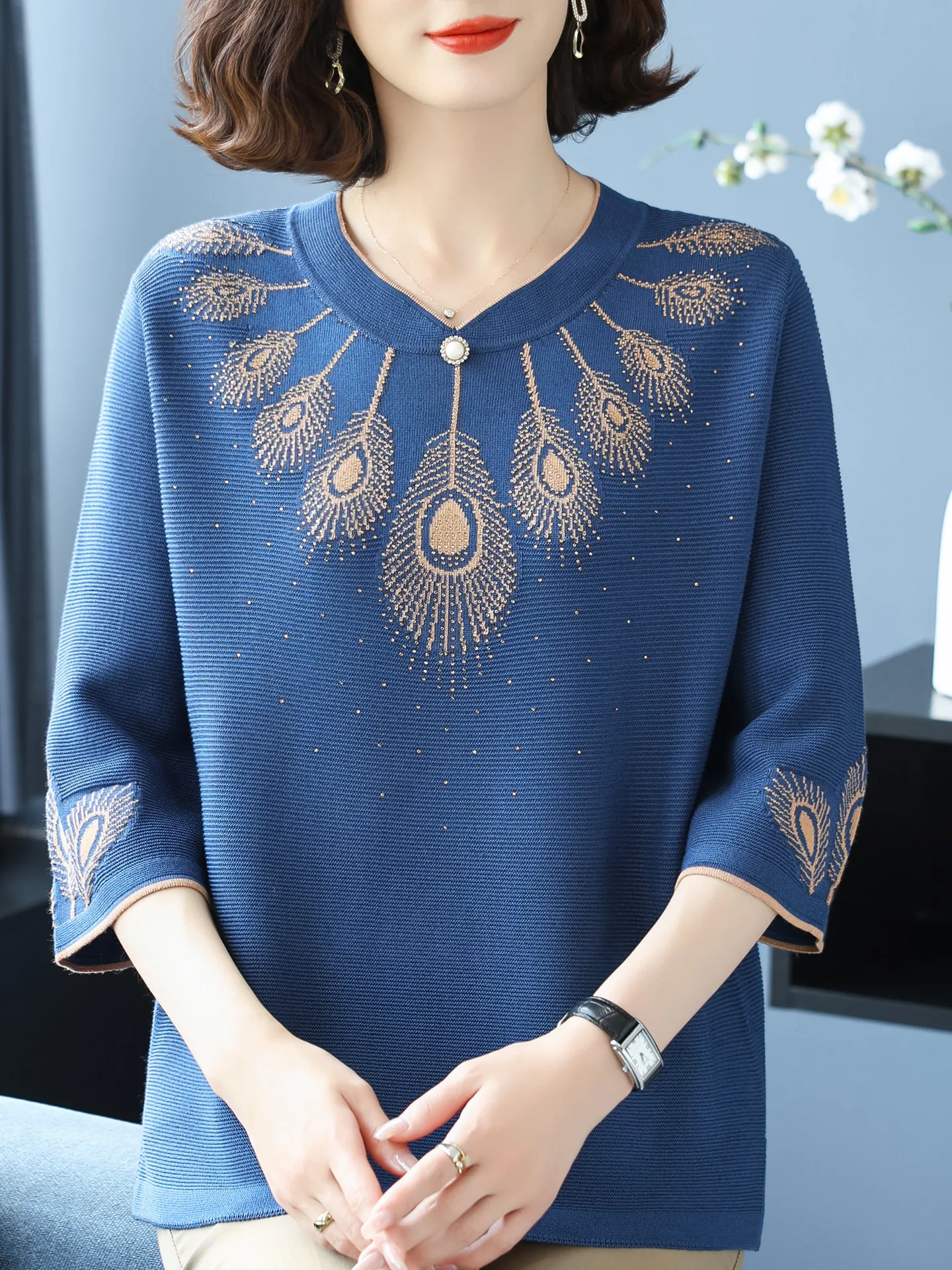 봄 니트 루즈핏 세븐스 스웨트 임부복 탑 플러스 사이즈 여성 티셔츠 패셔너블 플러스 사이즈 니트웨어 중년 여성용...