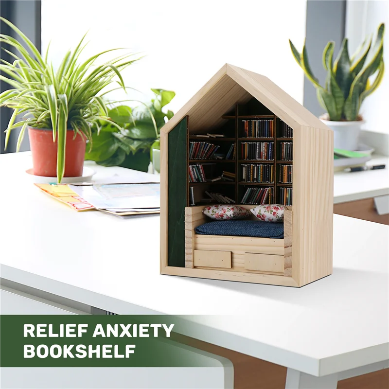 

ABRB-200 Books Tiny Library Anti-Anxiety Bookshelf Wooden Miniature Ornament Stress Relief Shake Away Your Anxiety Gifts