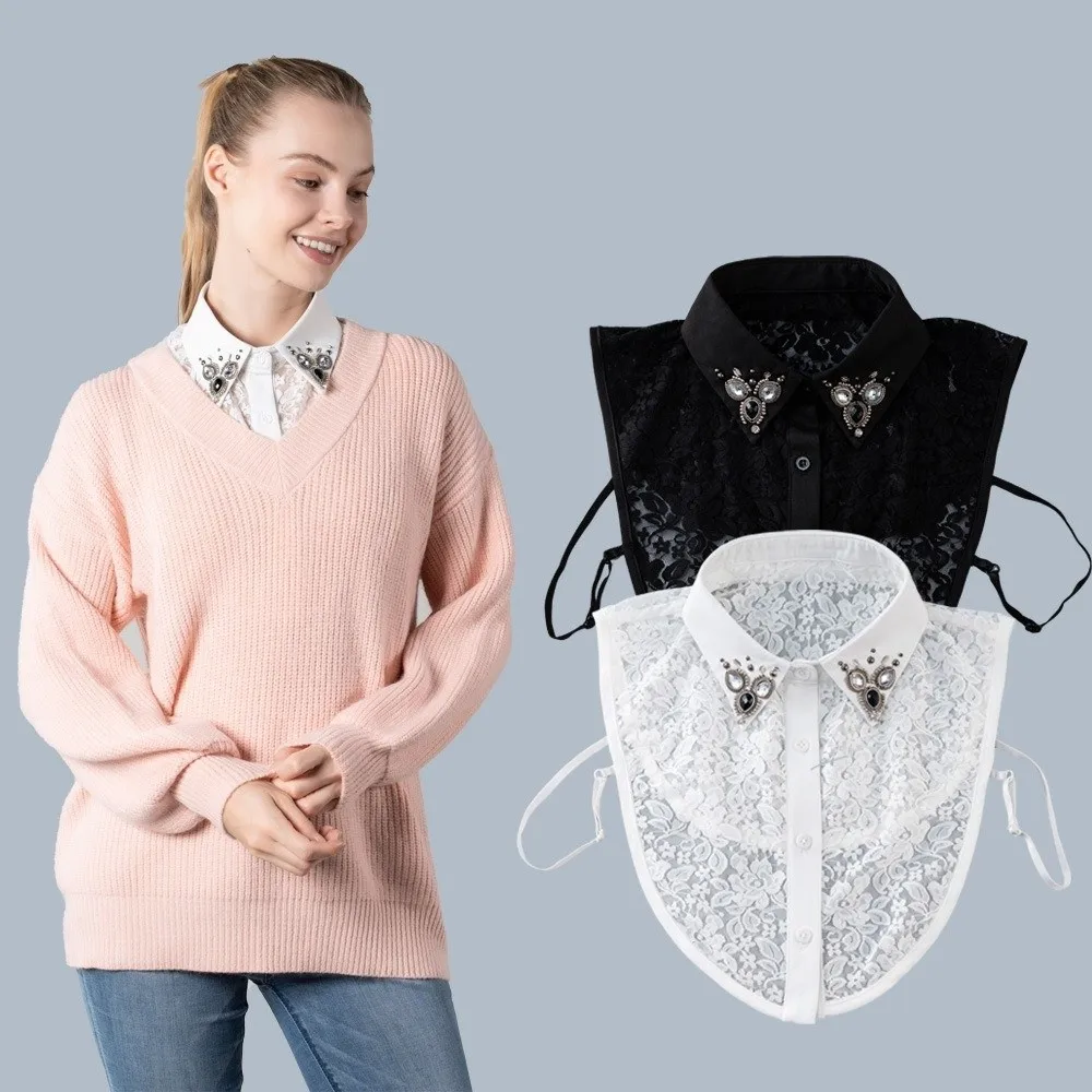 Top Neckwear Shirt Fake Collar Handmade Embroidered Lace Detachable Collar Clothing Accessory Rhinestone Lace Bodysuit