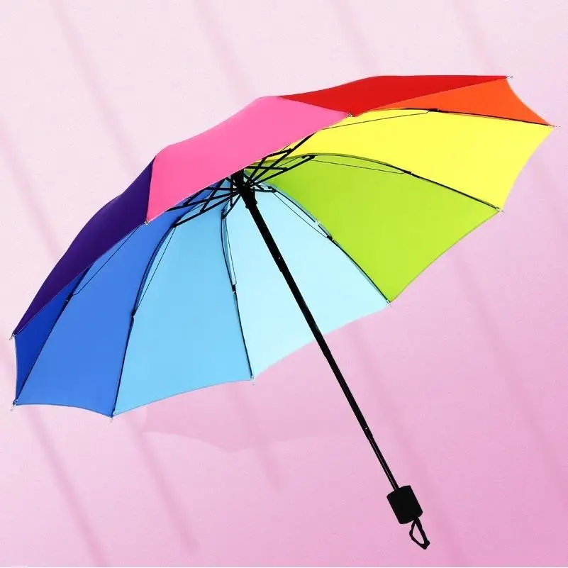 Fashion Rainbow Umbrella Three Fold Umbrella Long Handle Automatic Wind Resistant Folding Straight Umbrella