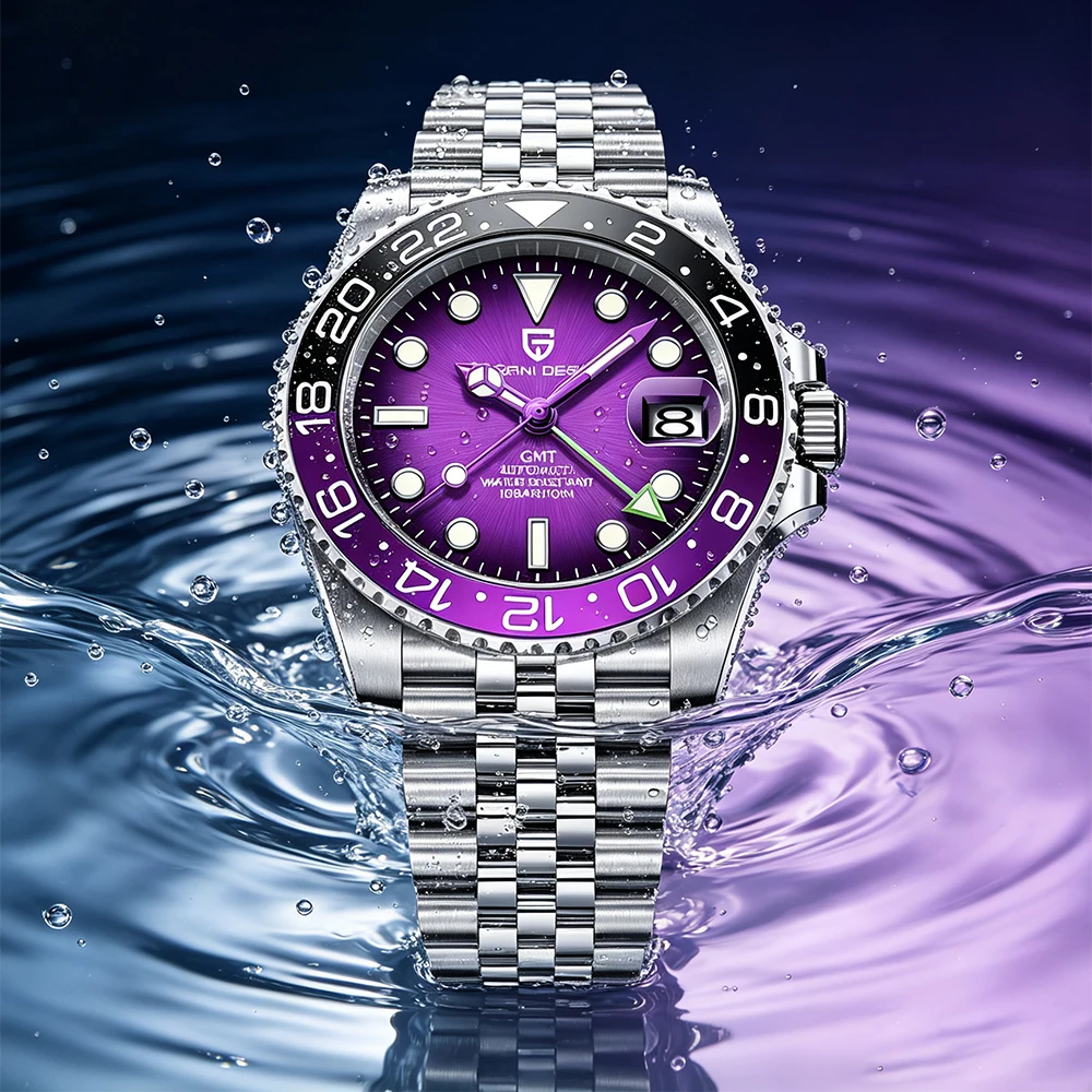 2026 PAGANI DESIGN 40MM Purple Dial GMT Men Mechanical Watch Jubilee Bracelet Sapphire Glass Waterproof Automatic Watch for Men