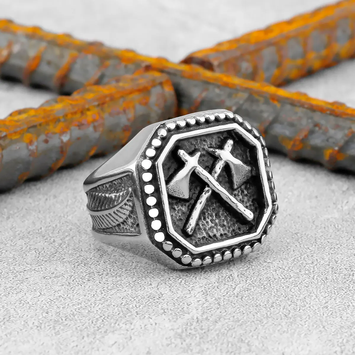 Titanium Stainless Steel Viking Warrior Double Axe Stainless Steel Men's Ring Nordic Punk Retro Cool Male Cycling Jewelry Ring