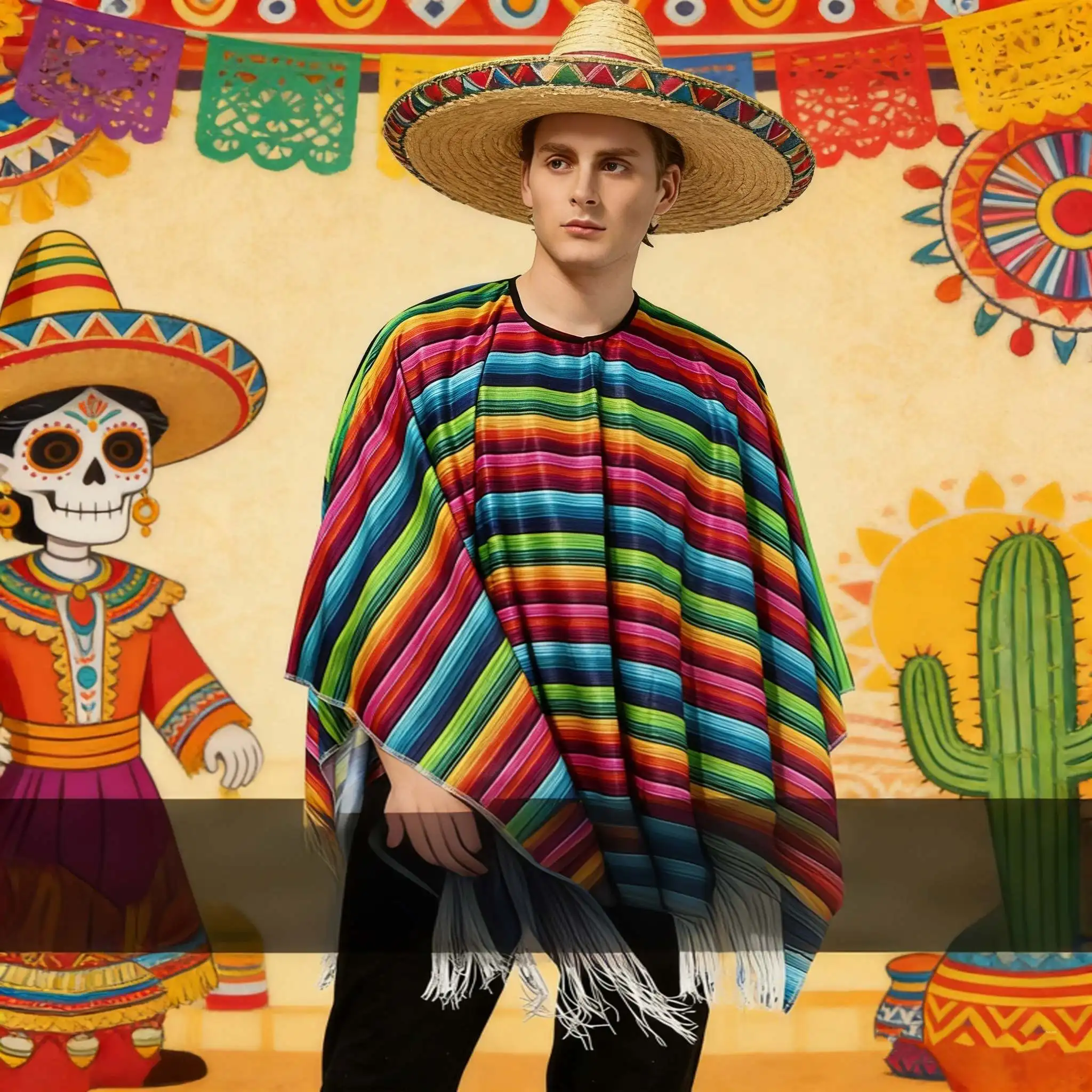 Ethnic Cloak Mexican Poncho Men Women Costume Cosplay Festival Party  Mexican Colorful Striped Folk Cape Christmas GiftEthn