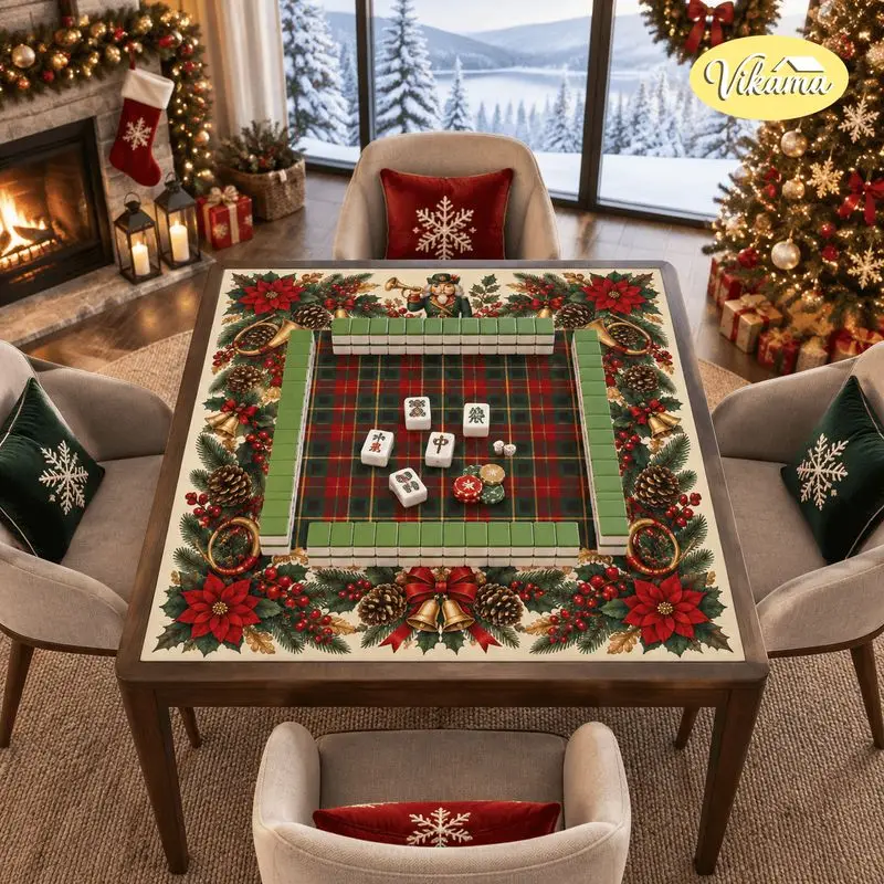 VIKAMA Christmas Mahjong Mat Poinsettia Pinecone Gold Bells Washable Folding Mahjong Tablecloth Table Pad Xmas Home Decor