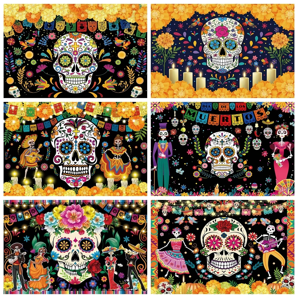 

Mexico Day Of The Dead Backdrop Mexican Cinco Fiesta Sugar Skull Marigold Dress-up Party Photography Background Photo Studio