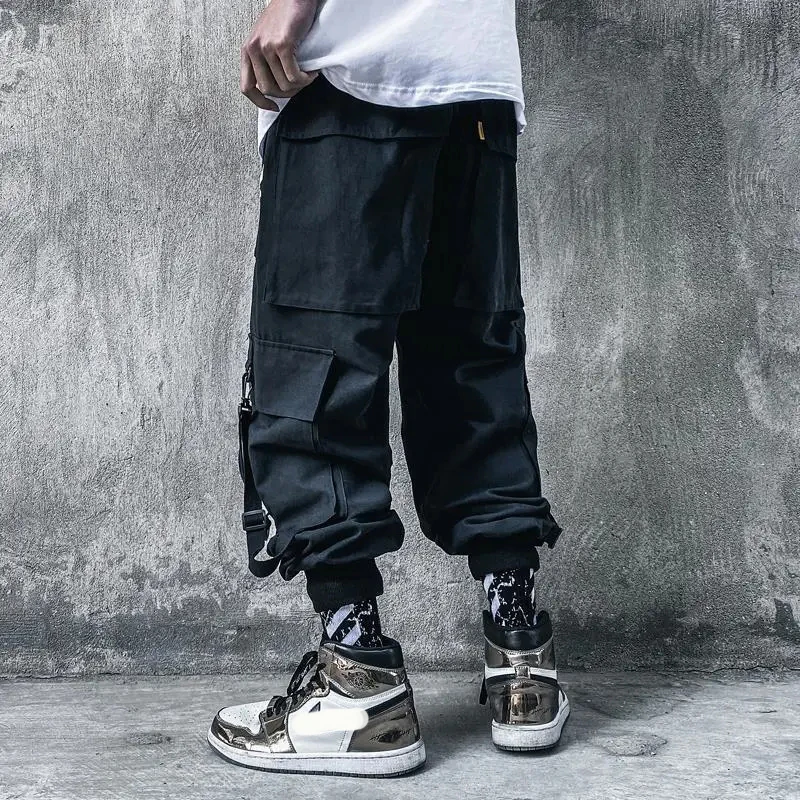 Techwear Ribbons Tactical Cargo Baggy Pants Jogger Men Casual Letter Hip Hop Teenager Sweatpants Joggers Cropped Pants For Men