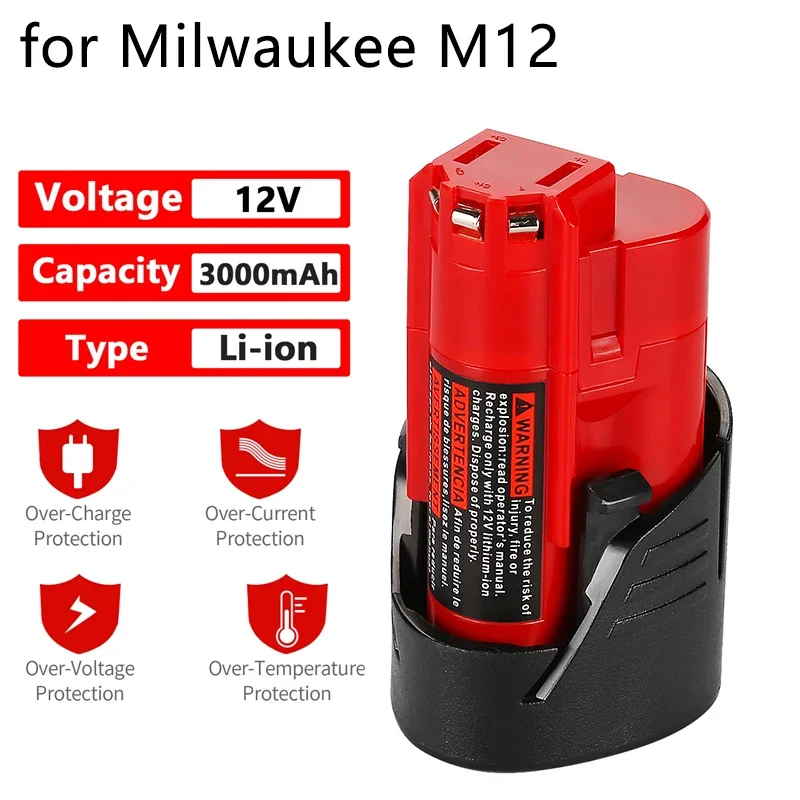 

12V 3Ah high-capacity lithium battery For Milwaukee M12 wireless tools durable and upgraded for safety