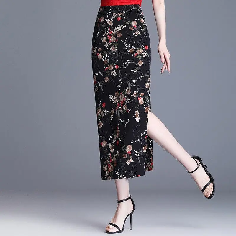 Fashion Zipper Printing Slit Elegant Chiffon Floral Skirts Women\'s Clothing 2024 Summer New Loose Office Lady High Waist Skirts