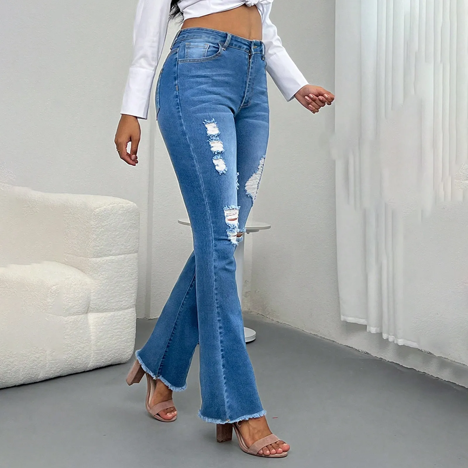

2025 New Spring Women'S Ripped Jeans Cotton Slim High Waist Solid Color Sexy Denim Pants Fashion Street Flared Pants