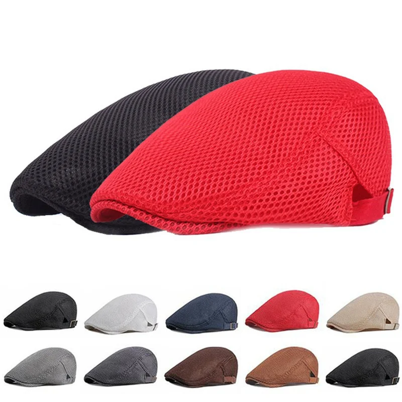 Men\'s Fashion Mesh Hat Berets Cotton Caps for Spring Summer Autumn Cabbie Flat Cap Breathable Mesh  Beret Ivy Cap