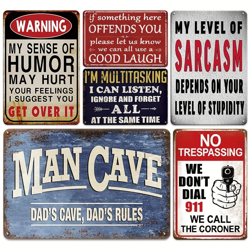 6pcs Humorous Metal Tin Signs - Retro Sarcastic Wall Decor for Home Bar, Man Cave, Unique Metal Plaque Gift, 20.32X30.48 cm