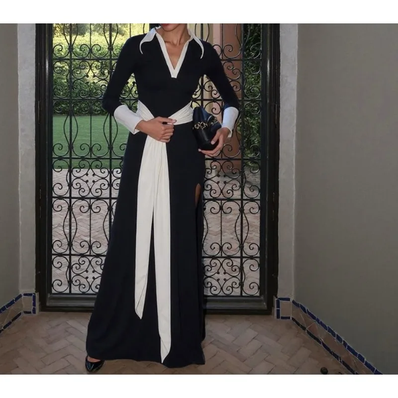 2025년 신상 부드럽고 우아한 여성용 배색 스트랩 V넥 슬릿 긴팔 드레스