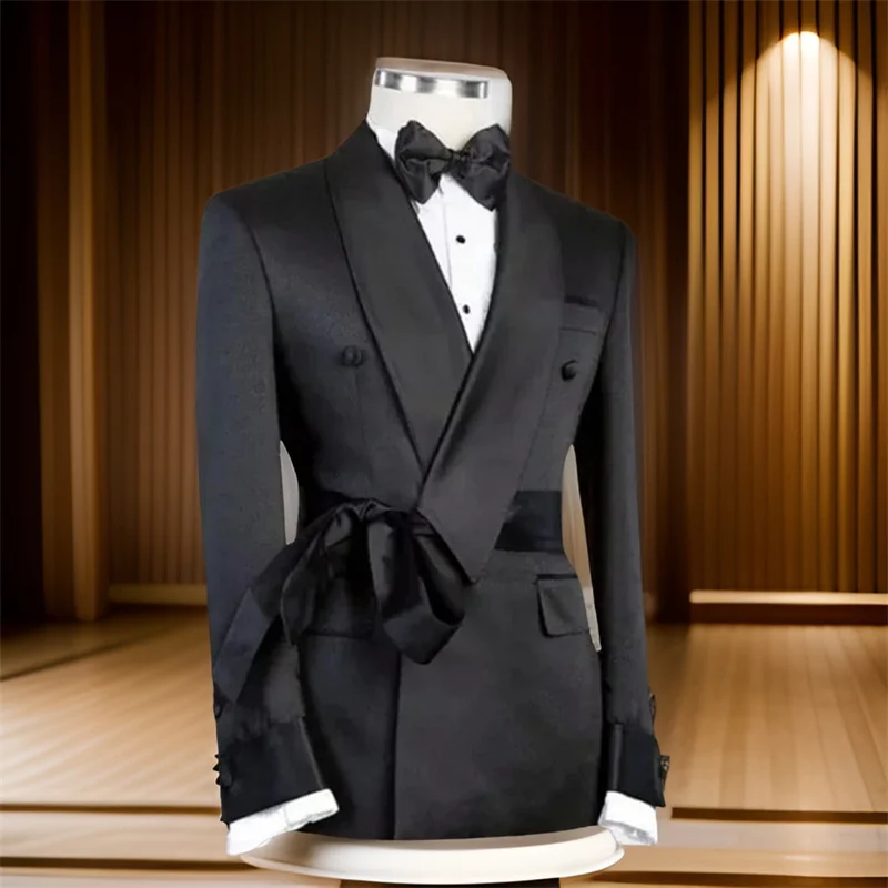 Double Breasted Suit Jacket for Men Wedding 2024 Shawl Lapel Slim Fit Groom Blazer with Belt 1 Pc Fashion Coat