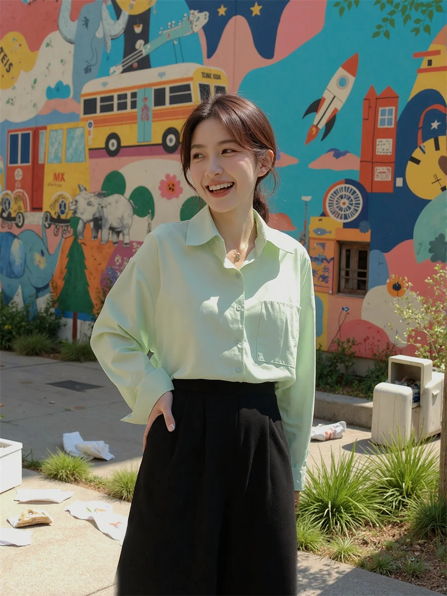 Prendas de abrigo de manga larga para mujer, camisas fruncidas de encaje con borde de hongo de árbol comestible, botón frontal Y2K, ropa de calle Vintage, moda dulce