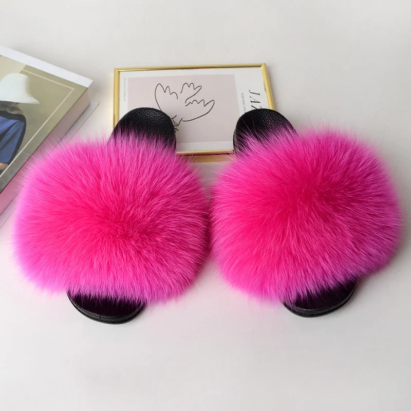 Fur Slippers Summer Women Real Fox Fur Slides Home Furry Flat Sandals Non-Slip Fluffy Flip Flops Ladies Woman Cute Plush Shoes