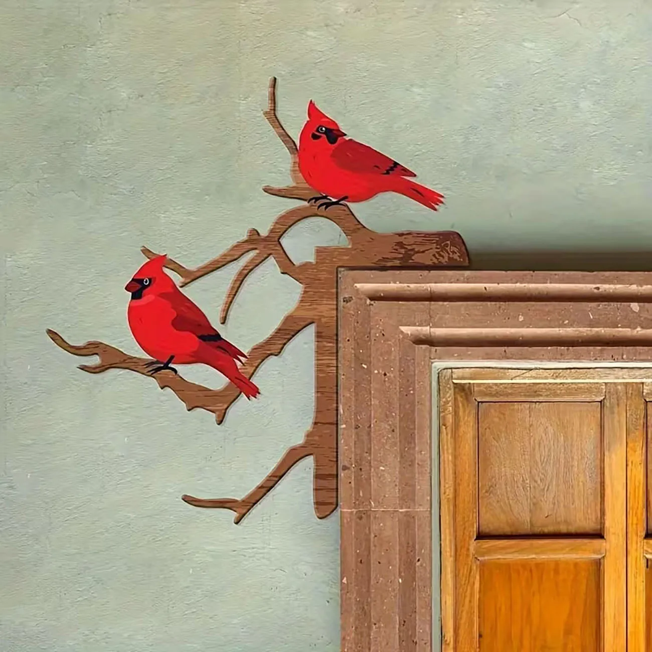 2Pcs Wooden Cardinal Bird Door Frame Decor Red Bird On Branch Door Corner Ornament for Home Wall Decoration