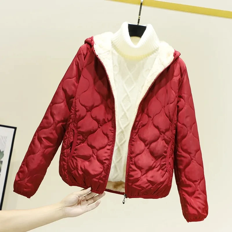 Lamb Wool Coat Cotton Jacket Women's Short 2023 New Female's Hooded Cotton Jacket Plus Velvet Light Autumn Winter Cotton Jacket