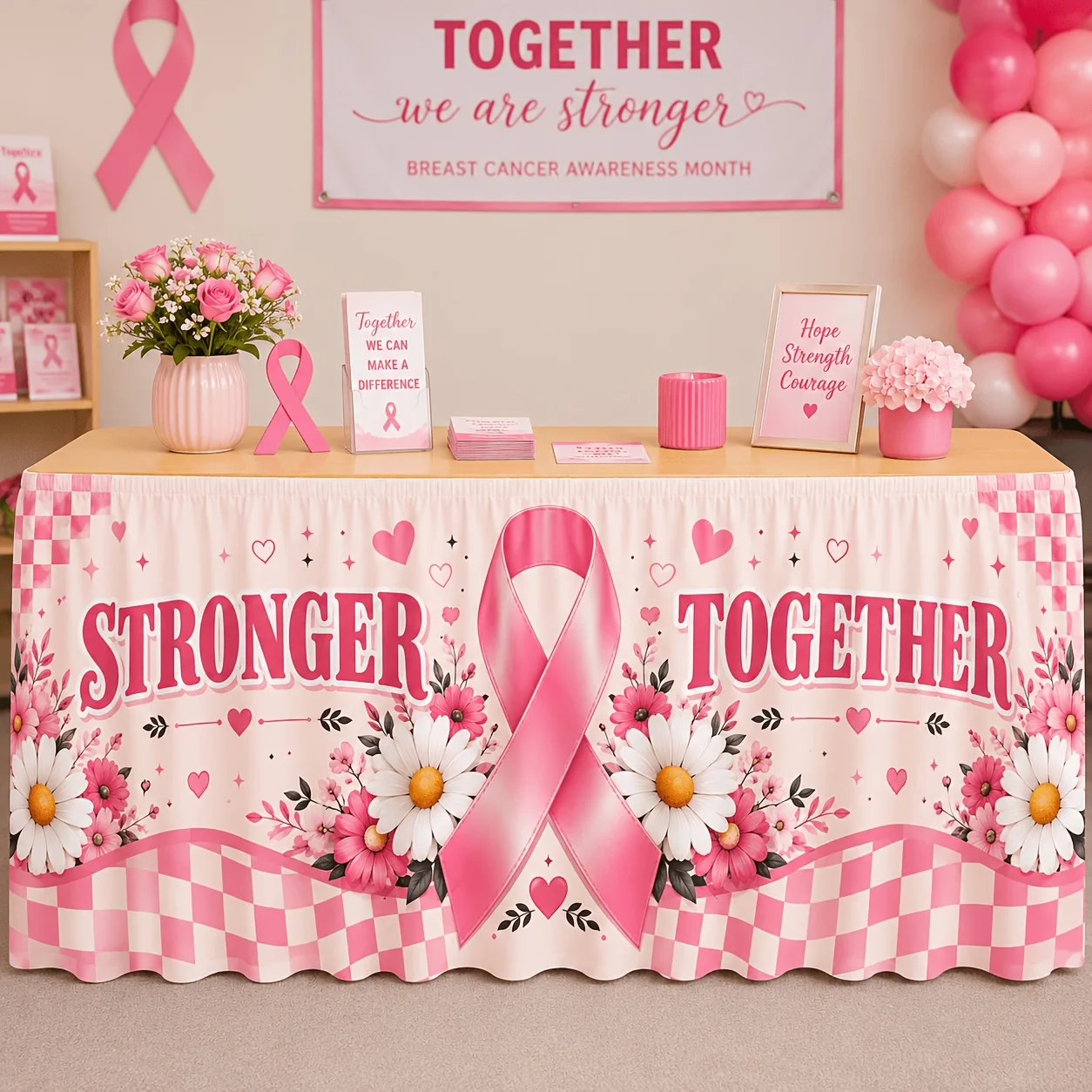 1 tablecloth table skirt, strong concentric breast cancer prevention table skirt, pink plaid daisy flower fan heart star print
